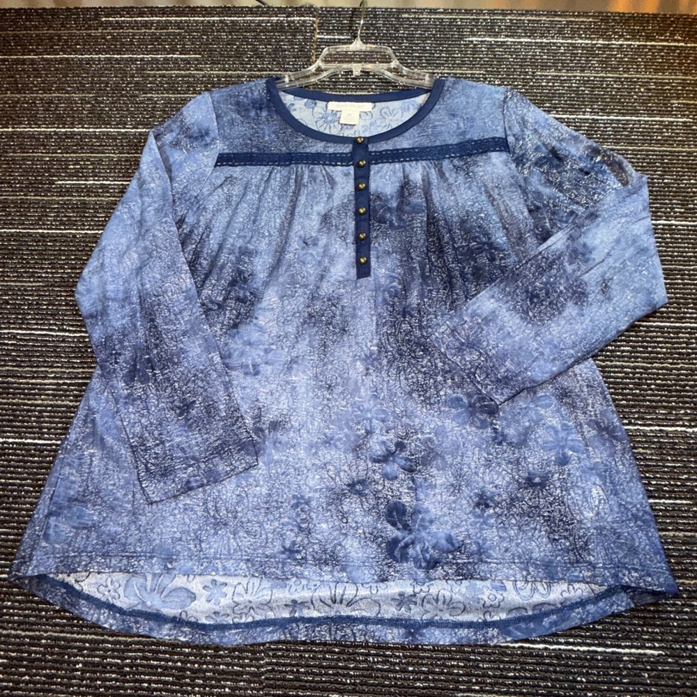 Skye's The Limit Top Women XL Good Blue Floral Burnout Crochet Lace Henley Boho